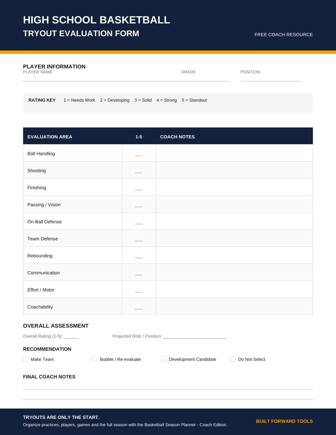 Full preview of the free basketball player evaluation form and its 1 to 5 rating scale